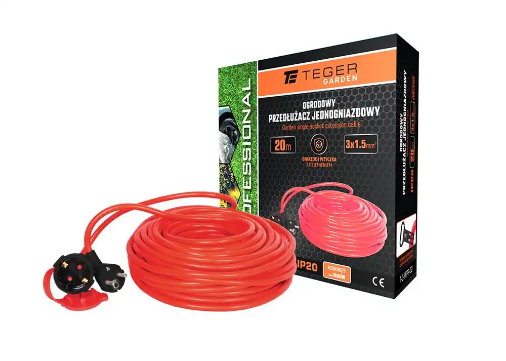 Hit sprzedaży Przedłużacz jednogniazdowy, ogrodowy PROFESSIONAL, 3X1,5mm, IP20, H05VV-F, z uziemieniem, cert. CE / 20M, Teger